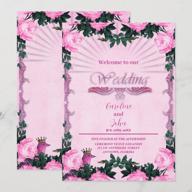 Underbart rosa ros inbjudningar (Fram/baksida)