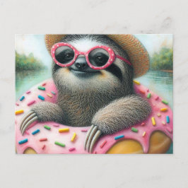 Underbart Sloth flyter i en Glazed Doughnut Vykort