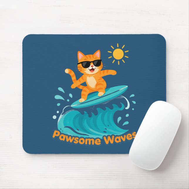 Underbart Våg Surfande Orange Katt Musmatta (Med mus)