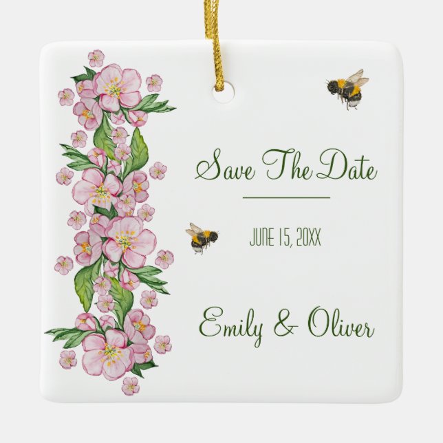 Underbart vattenfärgsäpple, blommor och е från trä julgransprydnad keramik (Framsida)