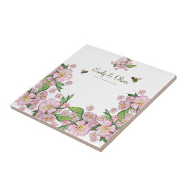 Underbart vattenfärgsäpple, blommor och е från trä kakelplatta