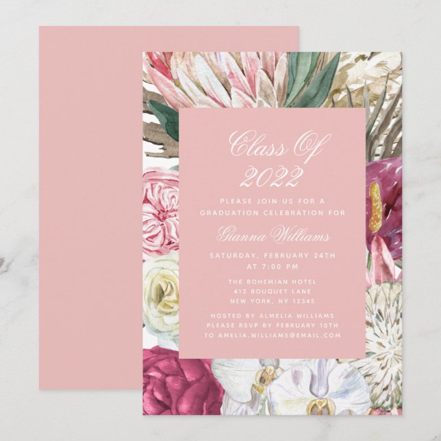 Undergrupp 2022 Blommigten Watercolor Studenten Inbjudningar (Fram/baksida)