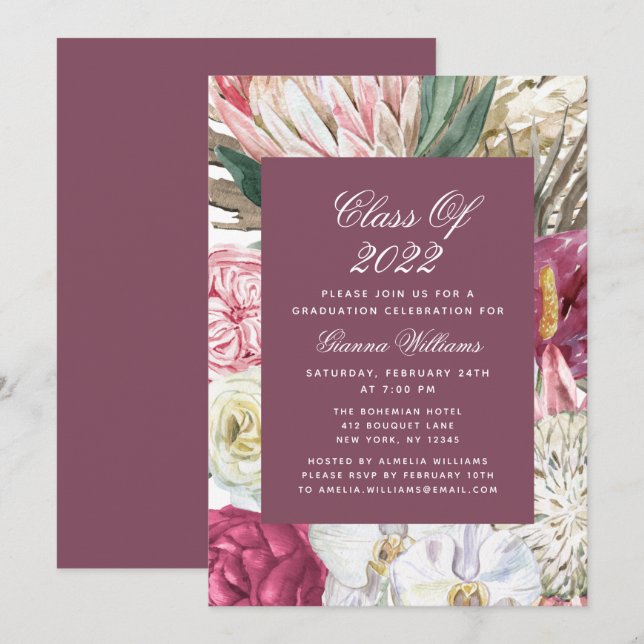 Undergrupp 2022 Blommigten Watercolor Studenten Inbjudningar (Fram/baksida)