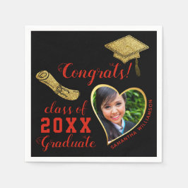 Undergrupp 2025 Grad Photo Black Red Guld Studente Pappersservett