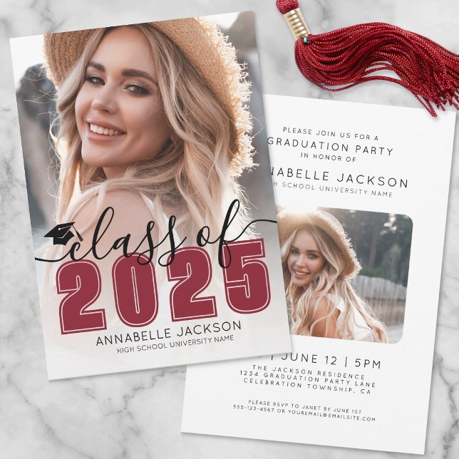 Undergrupp 2025 Red Student Photo Studenten Inbjudningar (Class Of 2025 Red Graduate Photo Graduation Invitation)