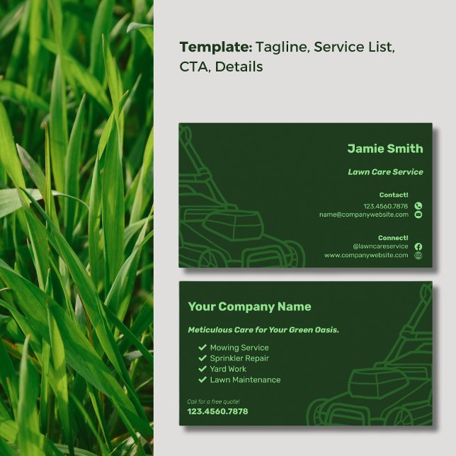 Underhåll av Mörk grönt Gräsmatta för mer disposit Visitkort (Mower Outline Custom Dark Green Lawn Maintenance Business Card, Service List,  CTA, Call)