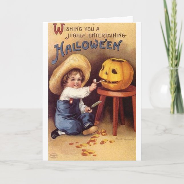 Underhåller Halloween Boy Carving Pumpkin Kort (Framsida)