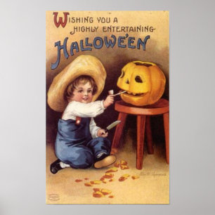 Underhåller Halloween Boy Carving Pumpkin Poster