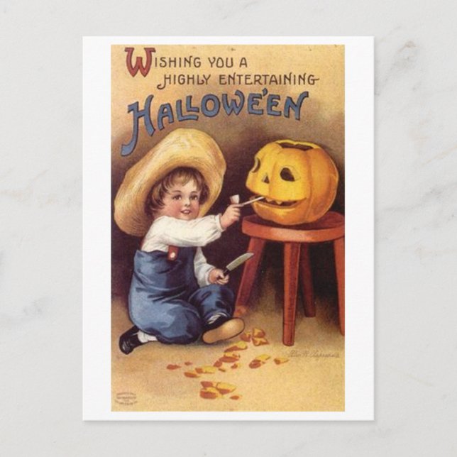 Underhåller Halloween Boy Carving Pumpkin Vykort (Framsida)