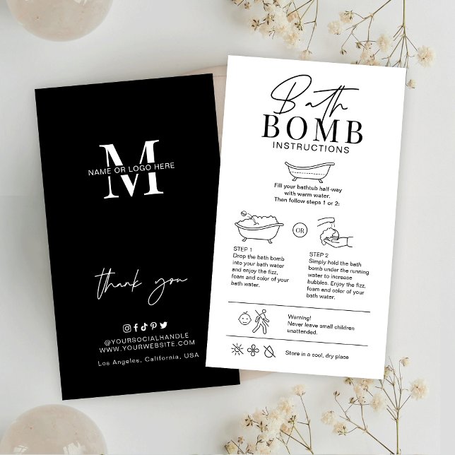 Underhandsinstruktioner för minimalistisk Logotyp  Visitkort (Modern bath bombs care instructions cards with icons, trendy fonts and space for your logo)