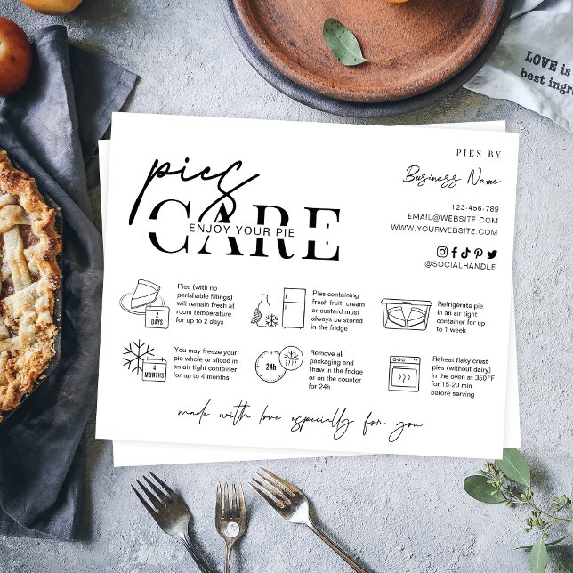 Underhandsinstruktioner för paj Minimal Modern Log Tack Kort (Minimalist pie care instructions card with icons, space for your business info and thank you note)