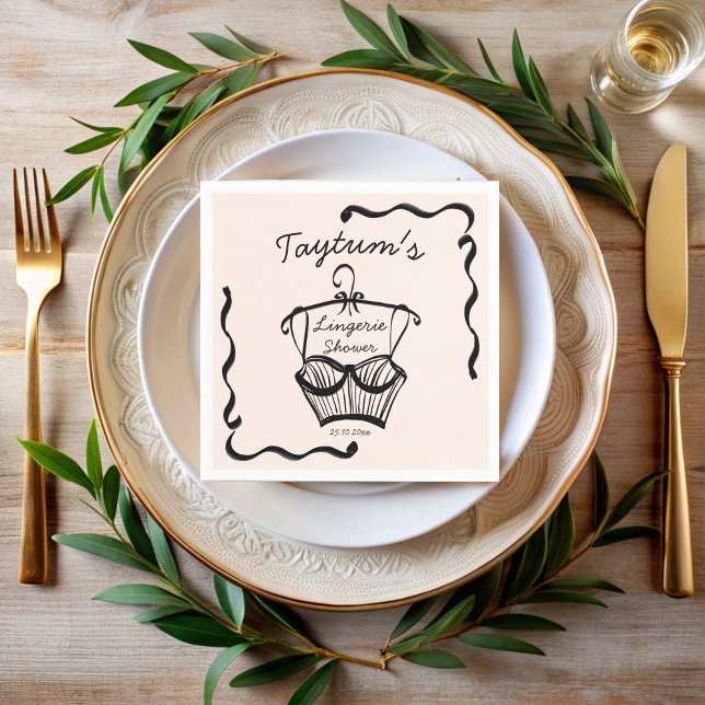 Underkläder bröllopsdusch vågig kant skiss pappersservett (Lingerie bridal shower wavy border hand drawn sketch monogrammed personalized printed napkins)