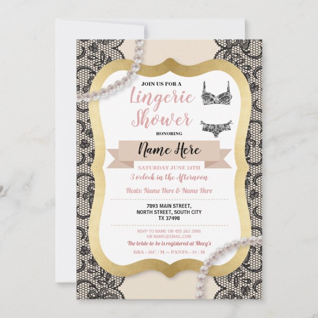 Underkläder Dusch Guld Kräm Spets BH Pärlor Inbjudningar (Framsida)