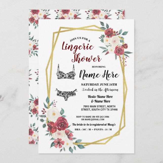 Underkläder Dusch Guld Vattenfärg Röd Kräm Blommig Inbjudningar (Fram/baksida)