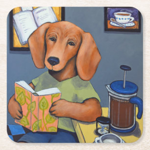 underlägg av Dachshund Drinking Coffe Papper Kvadrat