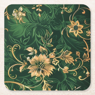 Underlägg av grönt och Guld Blommigt Papper Kvadrat