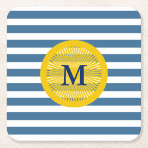 Underlägg av marin och Gult Monogram Papper Kvadrat