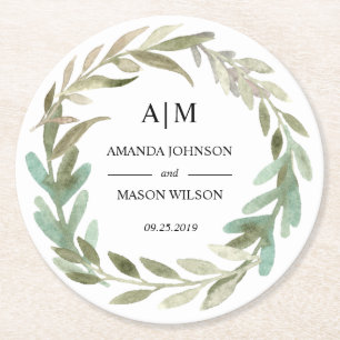 Underlägg av vattenfärgen Greenery Monogrammed Brö Papper Rund