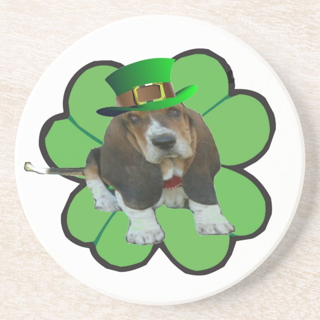 Underlägg Basset Hound Lycklig St.Patrick's Day Kl Sandsten (Framsidan)