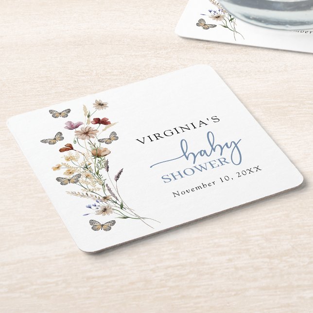 Underlägg Blue Boho Wildblomma Baby Shower Papper Kvadrat (Dusty Blue Boho Wildflower Baby Shower Coaster with Butterflies by Painted Paperie
)