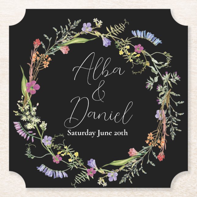 Underlägg Bröllop Wildblommor Blommigt Ditsy Mörk Papper (Framsida)