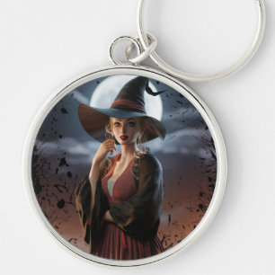 Underlägg för Witch Art Full Moon Rund Silverfärgad Nyckelring