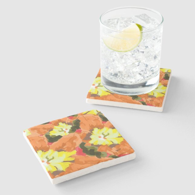 Underlägg: Orange & Gula blommor Stenunderlägg (Sidan)