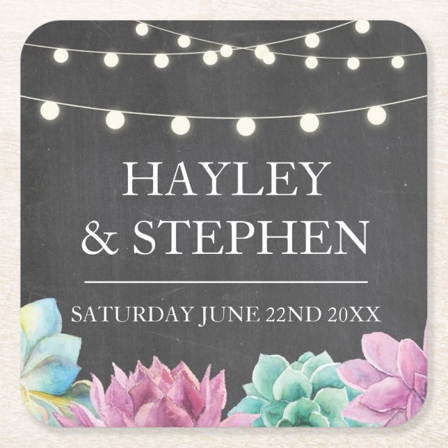 Underlägg Pastels Succulents Rustic Bröllopsfest Papper Kvadrat (Framsidan)