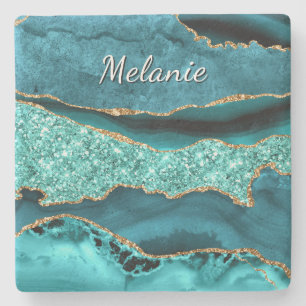 Underlägg Teal Blue Guld Marble Custom Name Stone