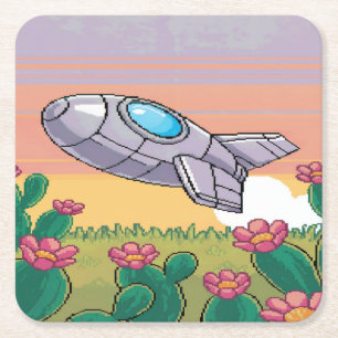 Underlägg uppsättning med Pixel Spaceship Cactus Papper Kvadrat