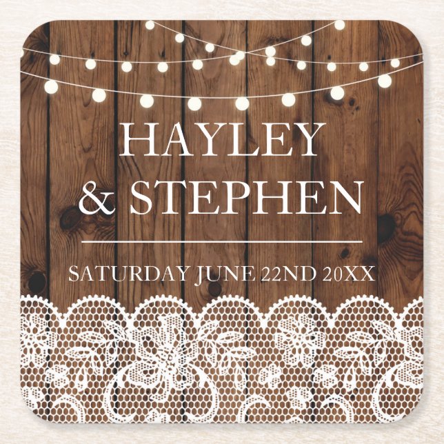 Underlägg Wood Snöre Ljus Rustic Bröllopsfest Papper Kvadrat (Framsidan)