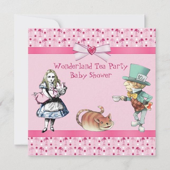 Underland Tea Party Rosa Flamingos Babyskor Inbjudningar (Framsida)