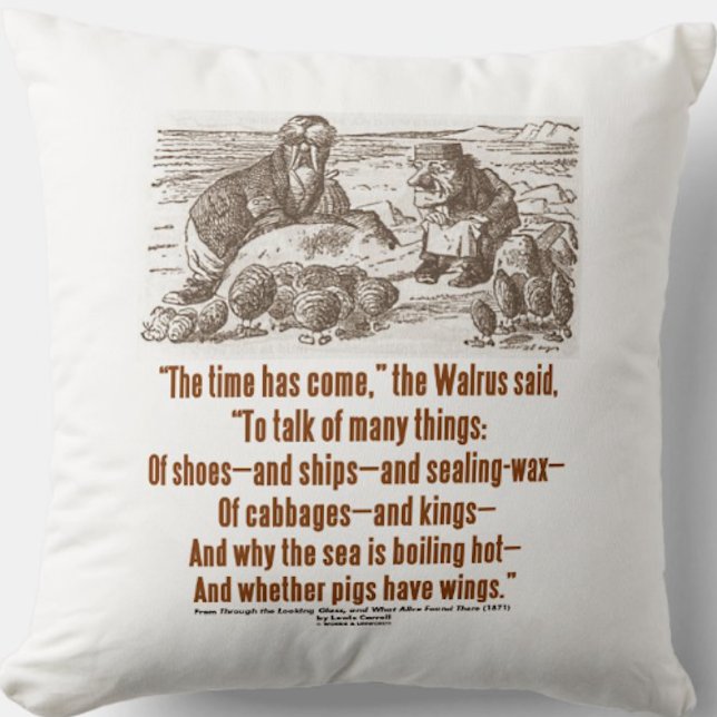 Underlandstiden har Kom genom Tittar glas Kudde (Throw pillow featuring Wonderland's Walrus and the Carpenter along with the infamous poem's excerpt)