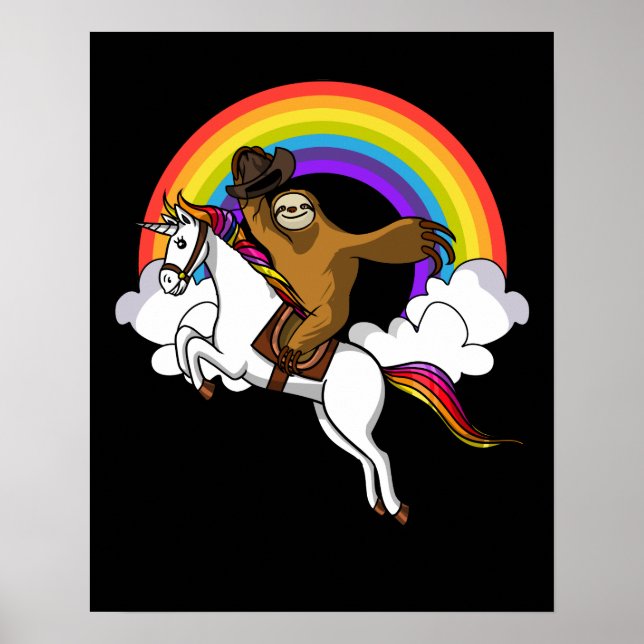 Underlig Sloth Cowboy Riding Magic Unicorn Rainbow Poster (Framsidan)