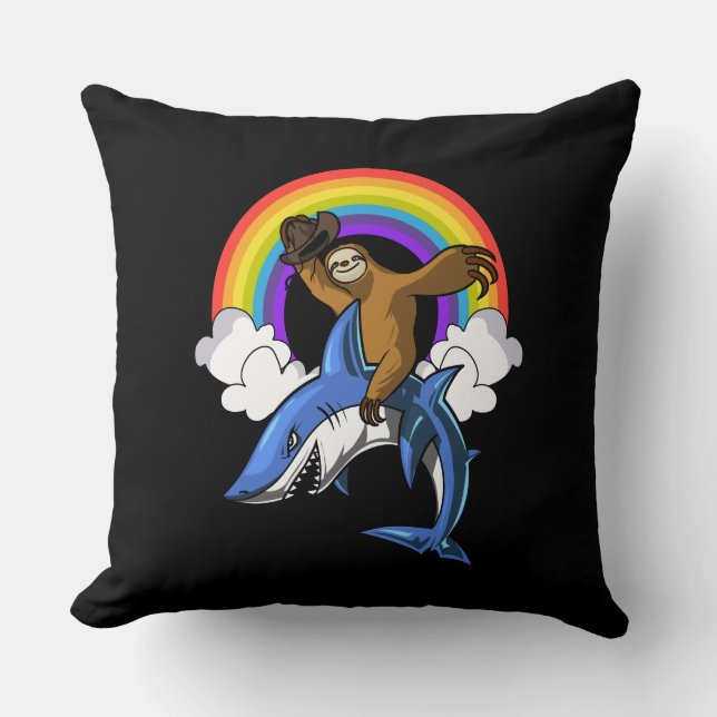 Underlig Sloth Cowboy Riding Ocean Shark Rainbow Kudde (Framsida)