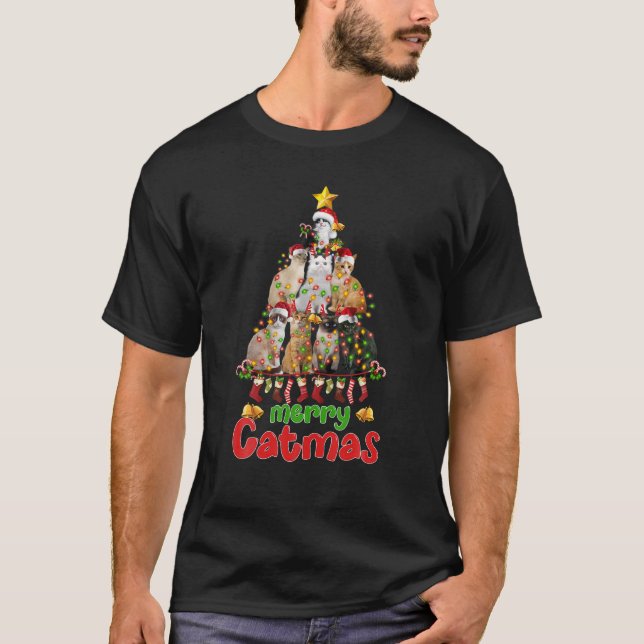Underlig Ugly Sweater Julgran Cat Ljus Santa T Shirt (Framsida)