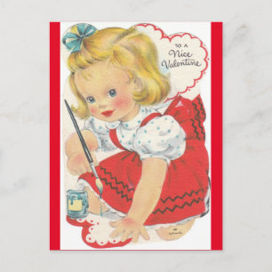 Underligt Little Girl Painting Valentine Postcard Vykort