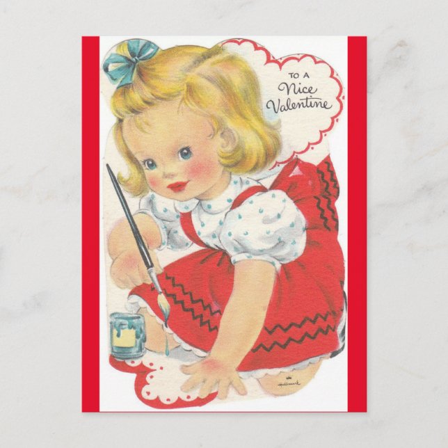 Underligt Little Girl Painting Valentine Postcard Vykort (Framsida)