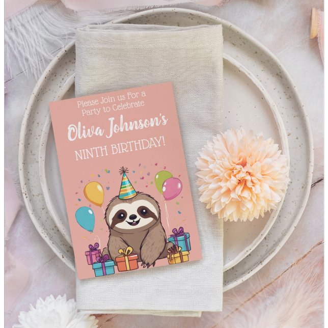 Underligt Sloth Girls Birthday Rosa Party Inbjudningar (Sweet sloth birthday party invitation. )