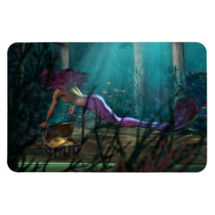 Undersea Fantasy Digital Art Sjöjungfru and Treasu Magnet