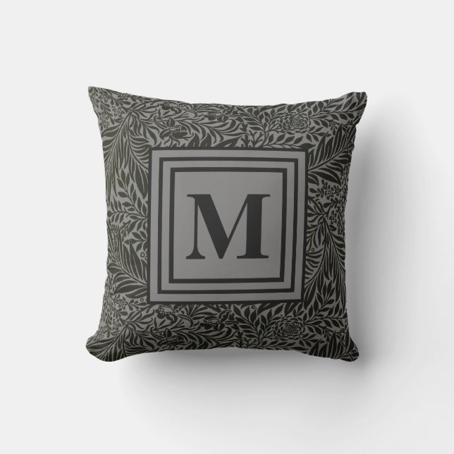 Underskattad Mörk Grått Botanical Mönster Monogram Kudde (Framsida)
