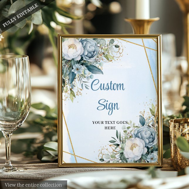 Underskrift av Watercolor Blue Greenery Guld Glitt Poster (Watercolor Blue Greenery Gold Glitter Wedding Sign)