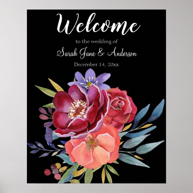 Underskrift för Burgundy& Lila Blommigt Bröllop -  Poster (Framsidan)