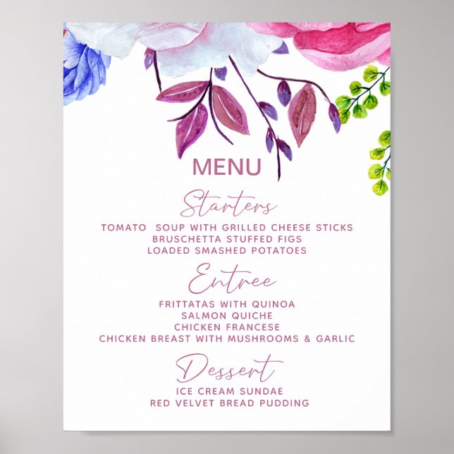 Underskrift för Romantisk Blommigt Bröllop Menu Bo Poster (Framsidan)