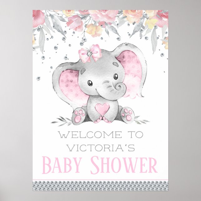 Underskrift om flicka Elephant Baby Shower Poster (Framsidan)