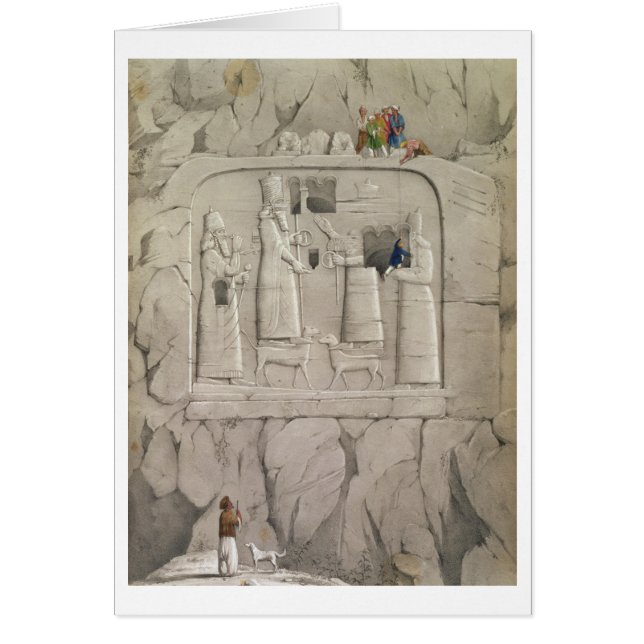 Undersöka en assyrisk stenskulptur, från 'Discov Hälsningskort (Framsidan)