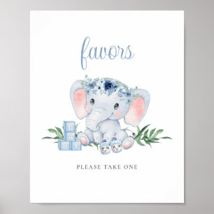 Underteckna Blue Cute Elephant Boy Baby Shower Fav Poster