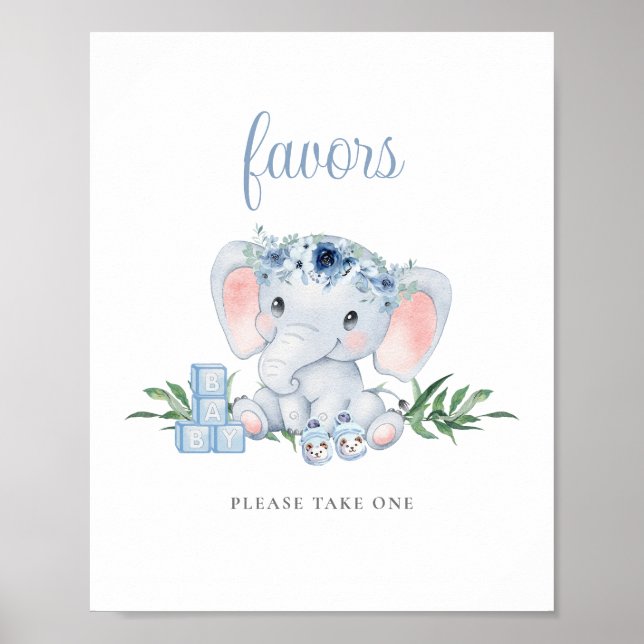 Underteckna Blue Cute Elephant Boy Baby Shower Fav Poster (Framsidan)