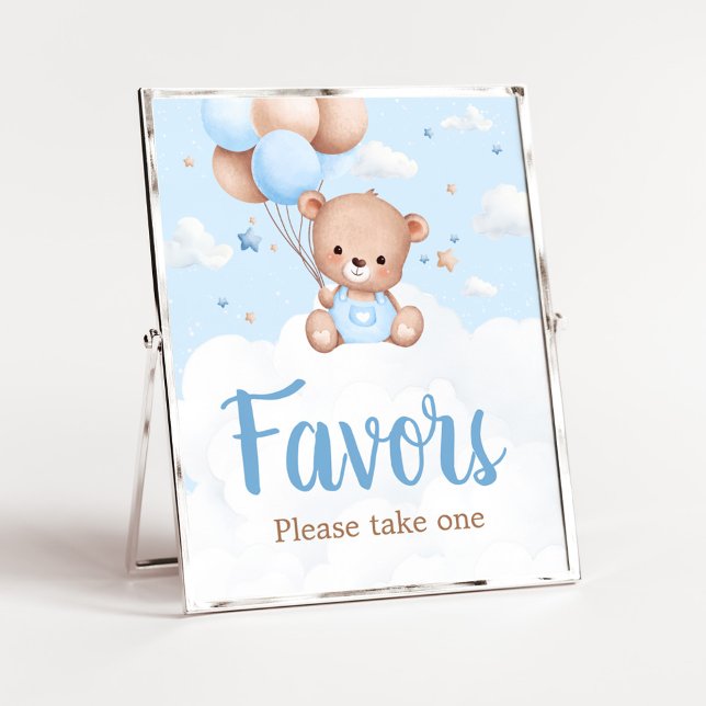 Underteckna Favoriter för Blue Nalle Baby Shower Poster (Blue Boy Teddy Bear Clouds Balloon Baby Shower Sign)