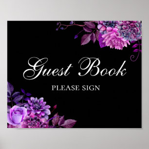 Underteckna gästen bok. Lila blommor. Black bröllo Poster
